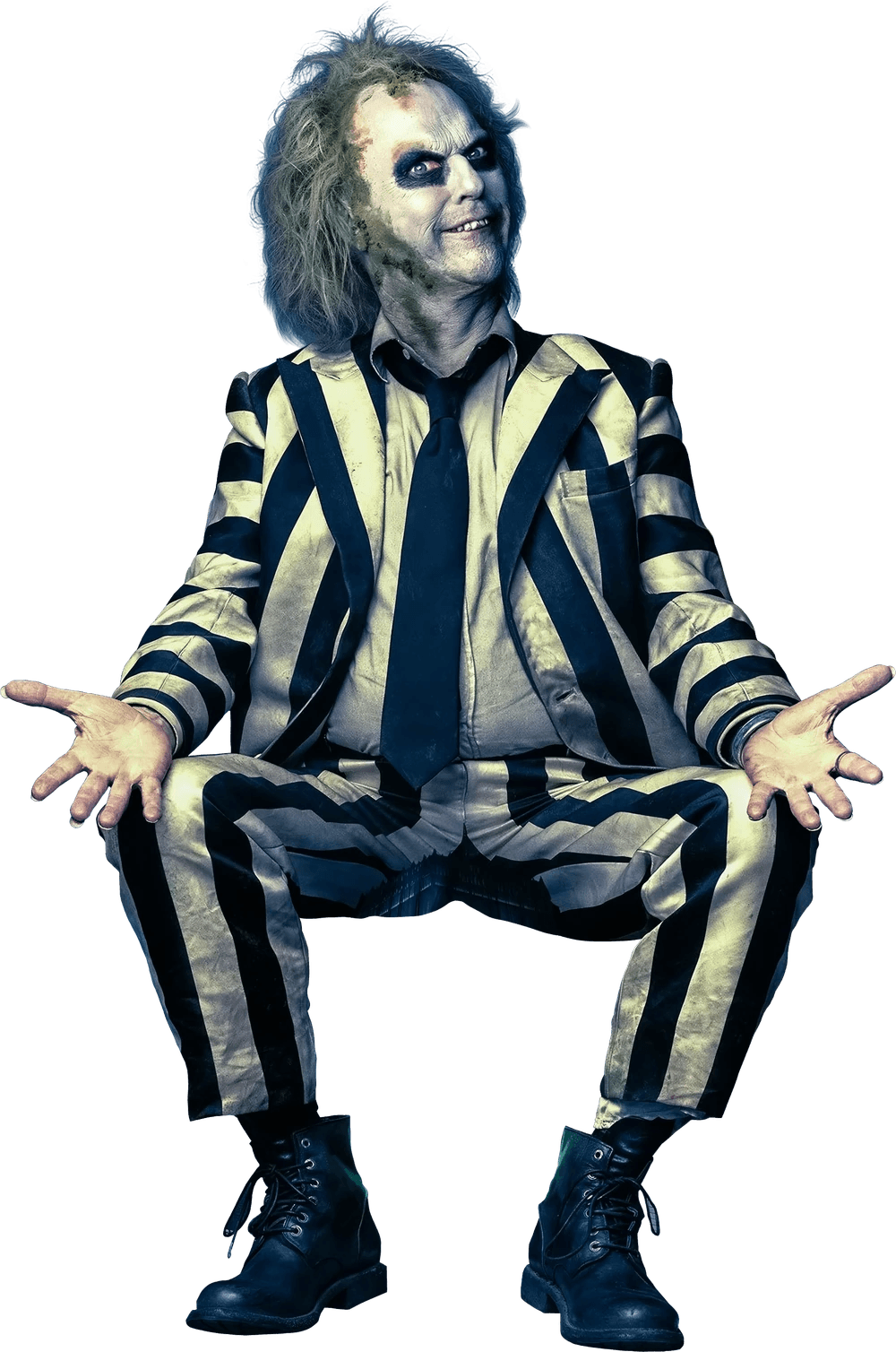 DIY Beetlejuice Kostüm mit Perücke, Anzug mit Hemd und Krawatte, Doc Martens schwarz, Make Up, Uhr golden