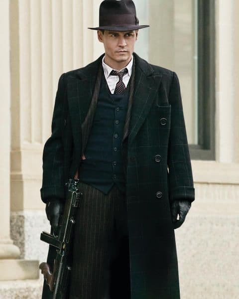 DIY John Dillinger Kostüm mit 3 teiliger Anzug , Lederhandschuhe schwarz, Fedora Hutz schwarz, Schulter Holster, Trenchcoat